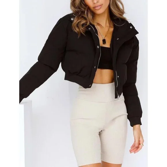 〽️Women's Black Gihuo Cropped Puffer Warm Winter Padded Bubble Jacket